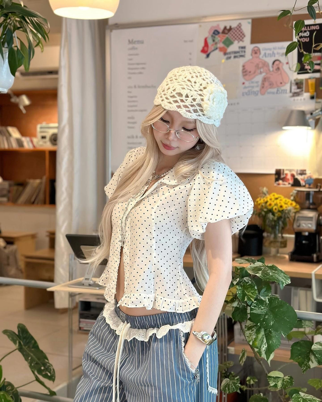 THELSTUDIOS Polka Dots Puff Sleev Top