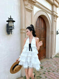 Olv White Cotton Halter Tiered Mini Dress - Ready to dispatch in 48 hours