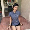 JanetStudio Blue Asymmetric Plaid Top