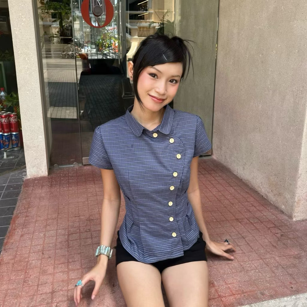 JanetStudio Blue Asymmetric Plaid Top