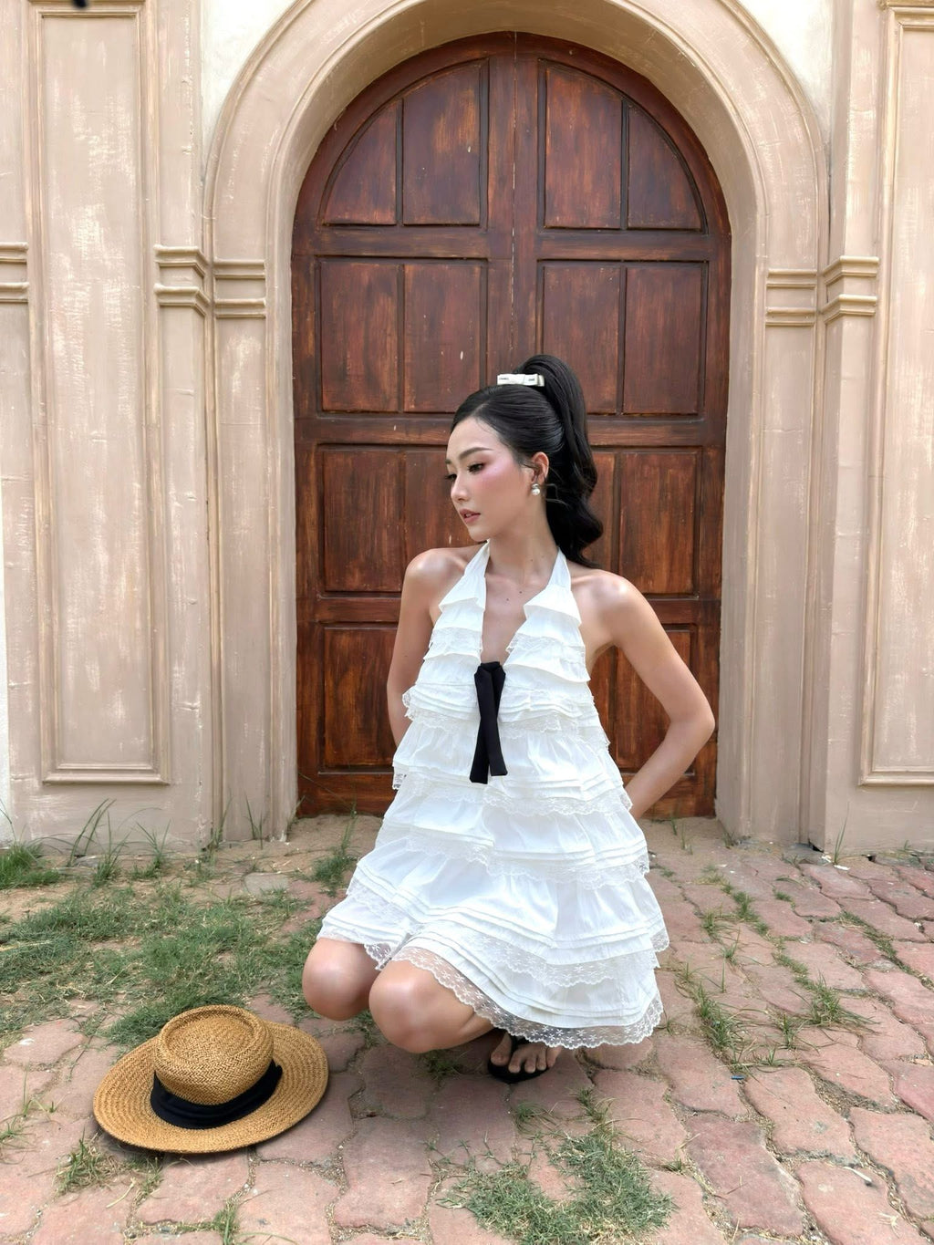 Olv White Cotton Halter Tiered Mini Dress - Ready to dispatch in 48 hours