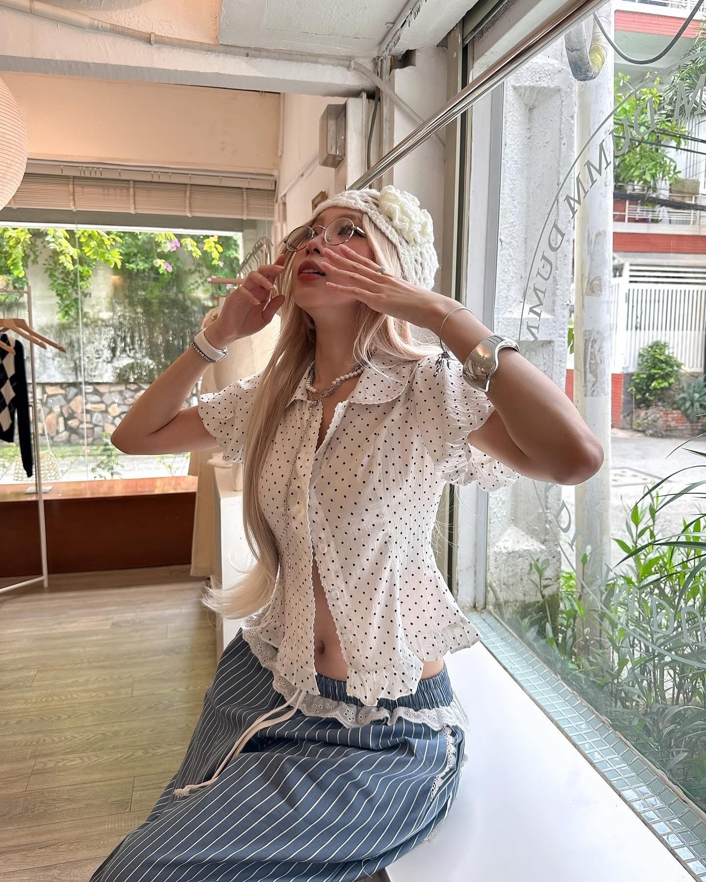 THELSTUDIOS Polka Dots Puff Sleev Top
