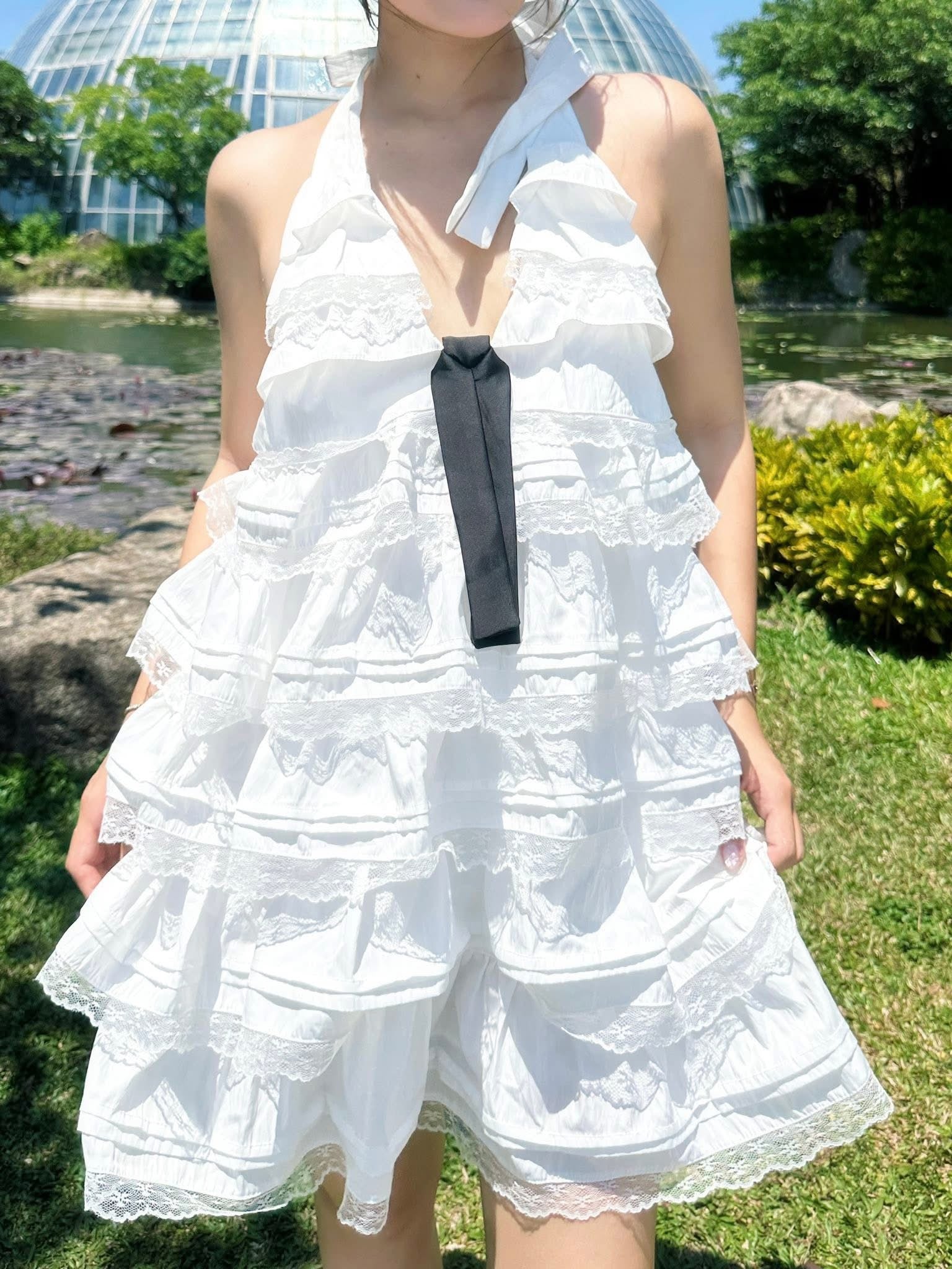 Olv White Cotton Halter Tiered Mini Dress - Ready to dispatch in 48 hours