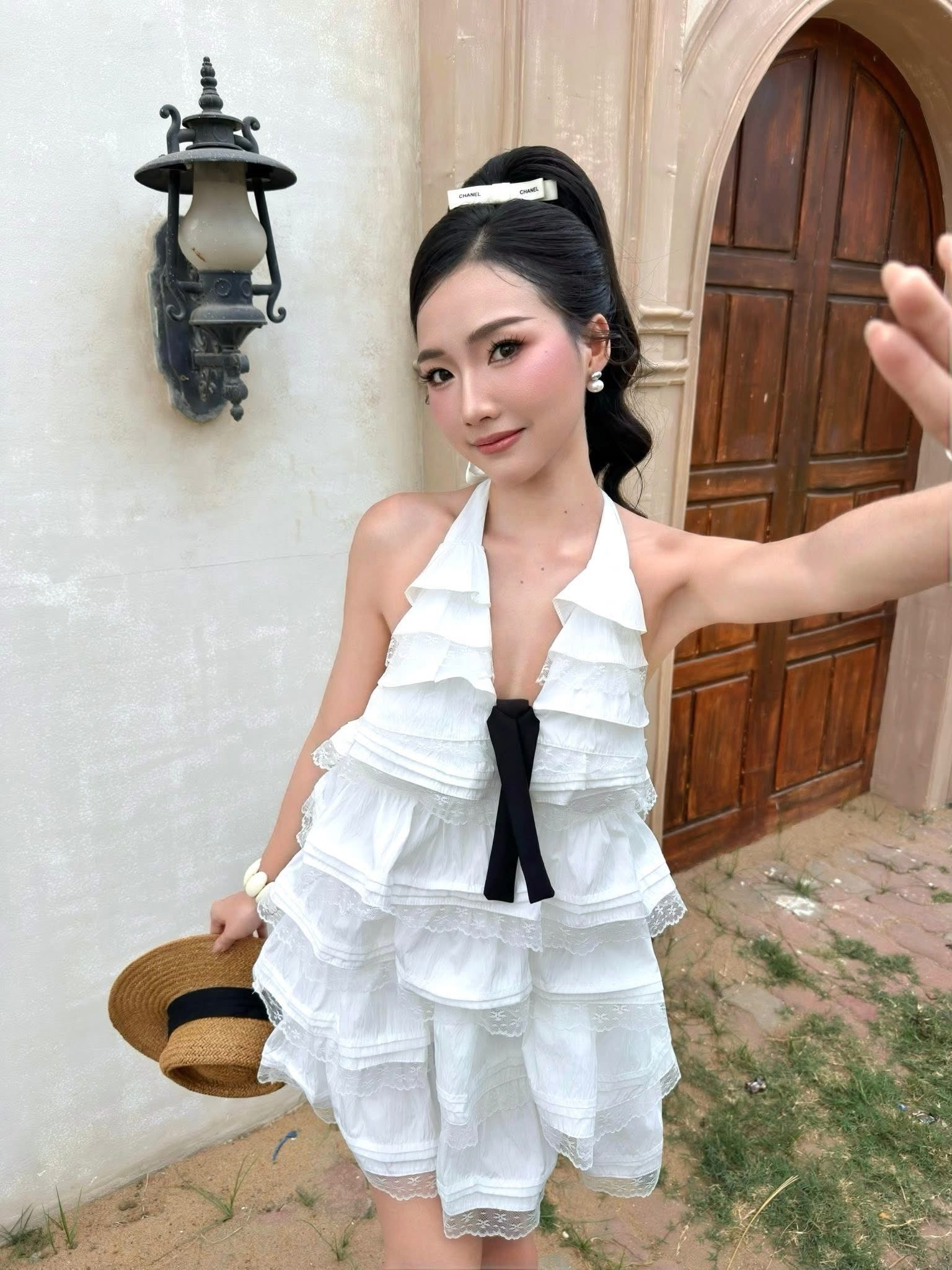 Olv White Cotton Halter Tiered Mini Dress - Ready to dispatch in 48 hours