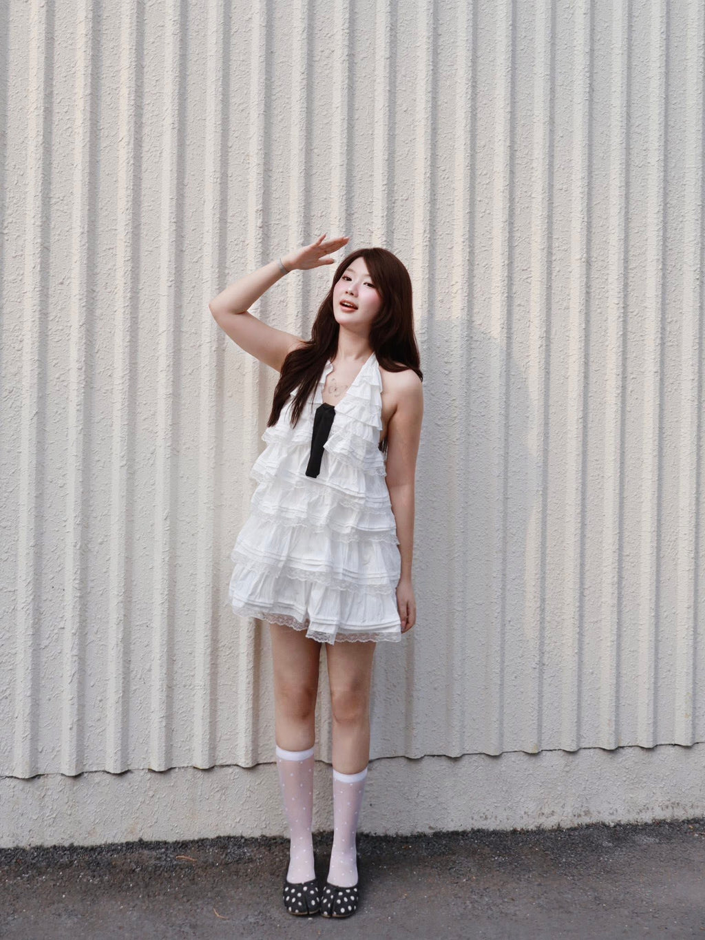 Olv White Cotton Halter Tiered Mini Dress - Ready to dispatch in 48 hours