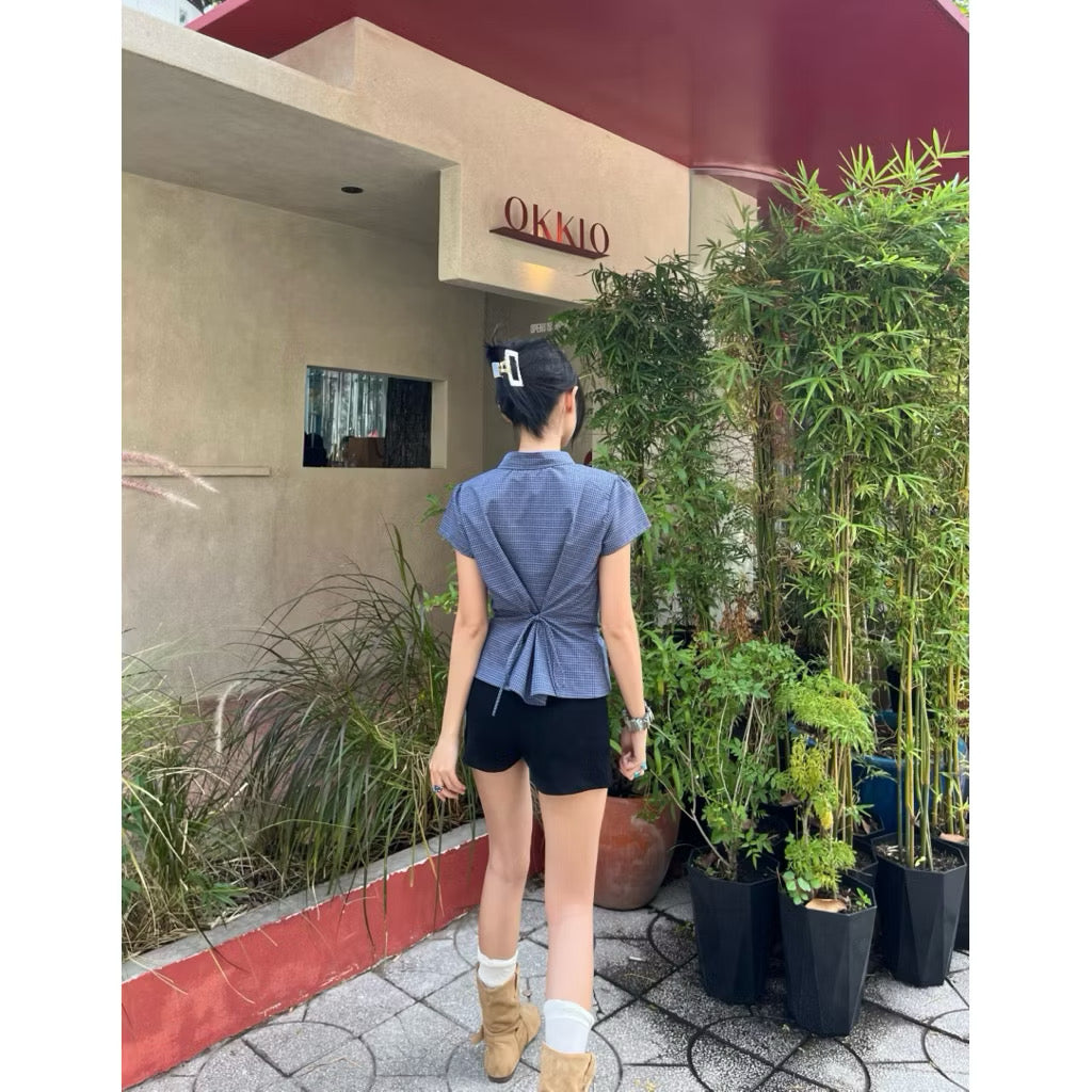JanetStudio Blue Asymmetric Plaid Top