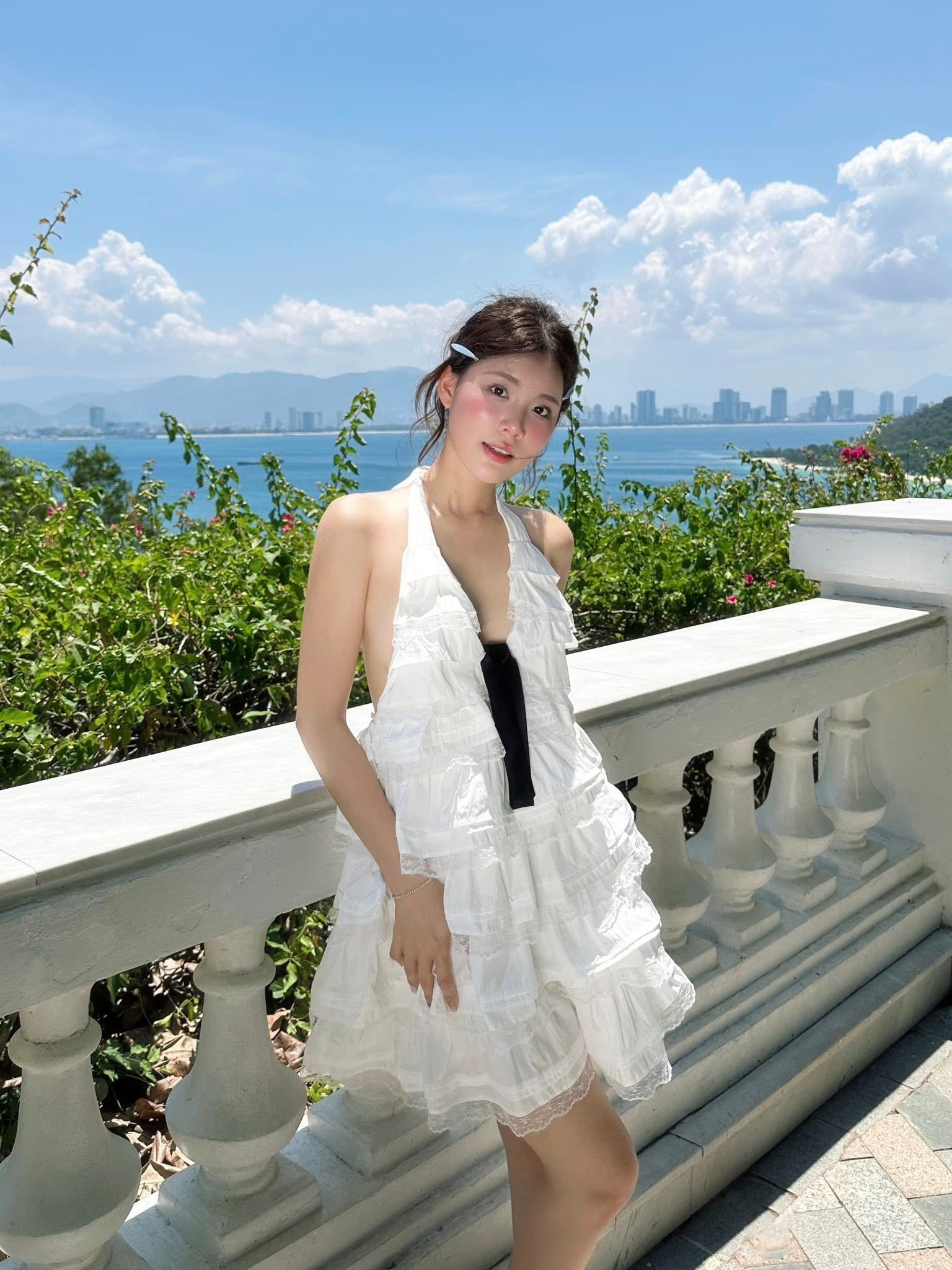 Olv White Cotton Halter Tiered Mini Dress - Ready to dispatch in 48 hours