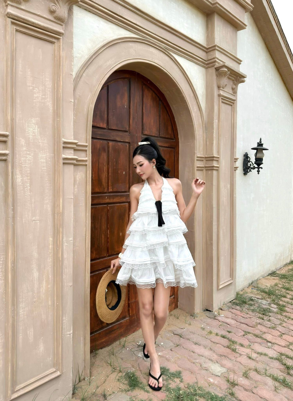 Olv White Cotton Halter Tiered Mini Dress - Ready to dispatch in 48 hours