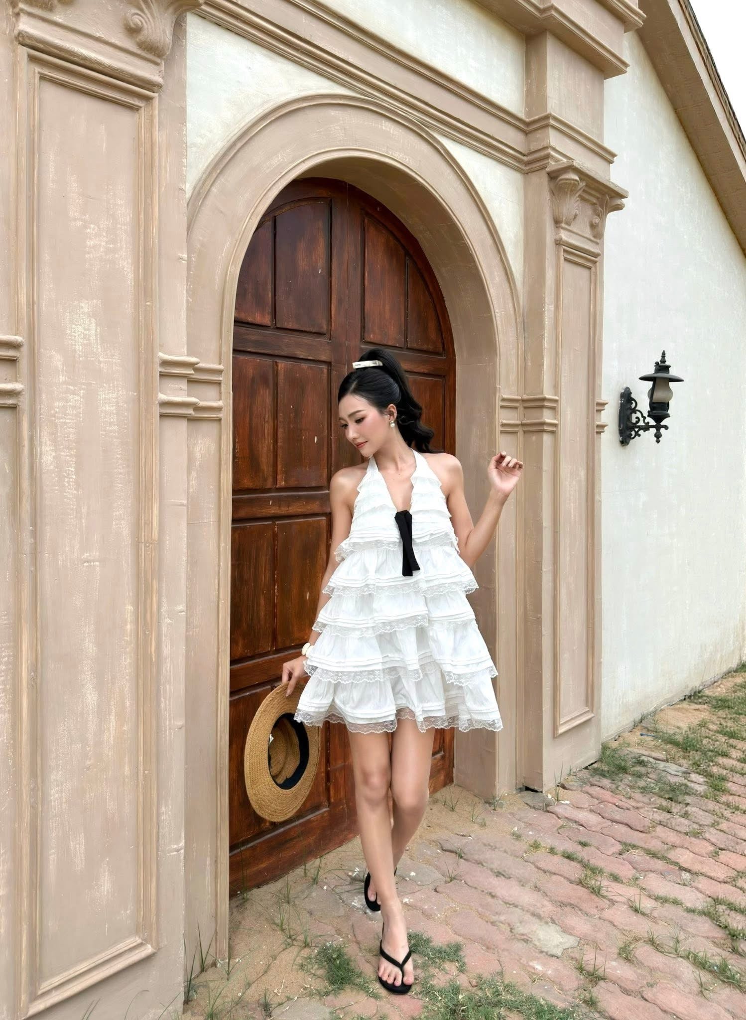 Olv White Cotton Halter Tiered Mini Dress - Ready to dispatch in 48 hours