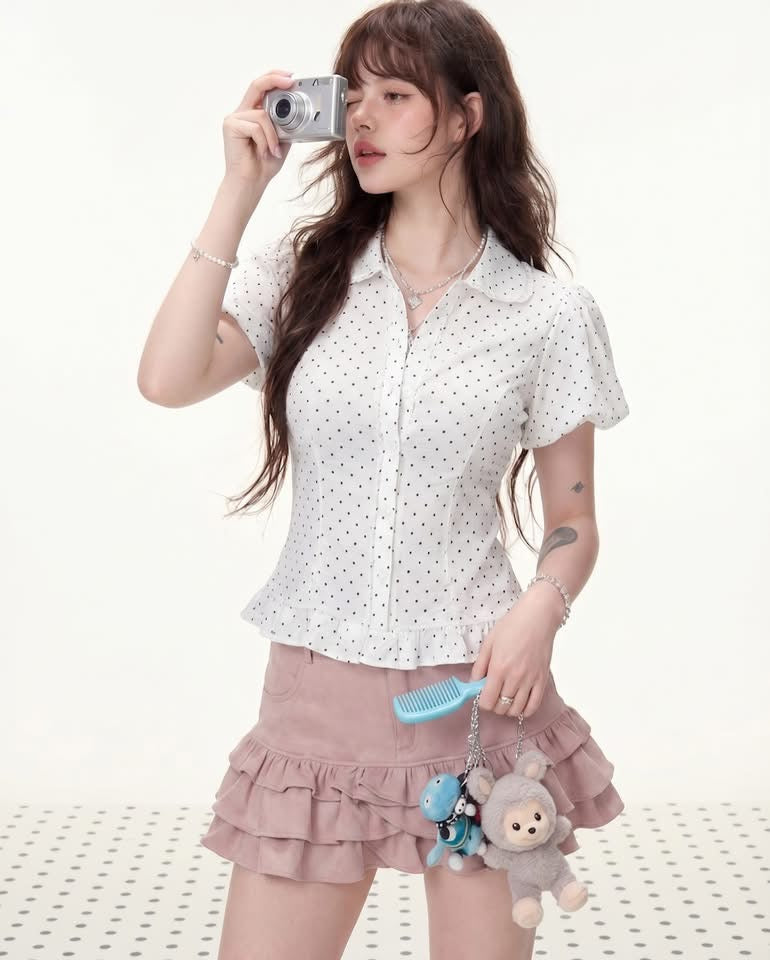 THELSTUDIOS Polka Dots Puff Sleev Top