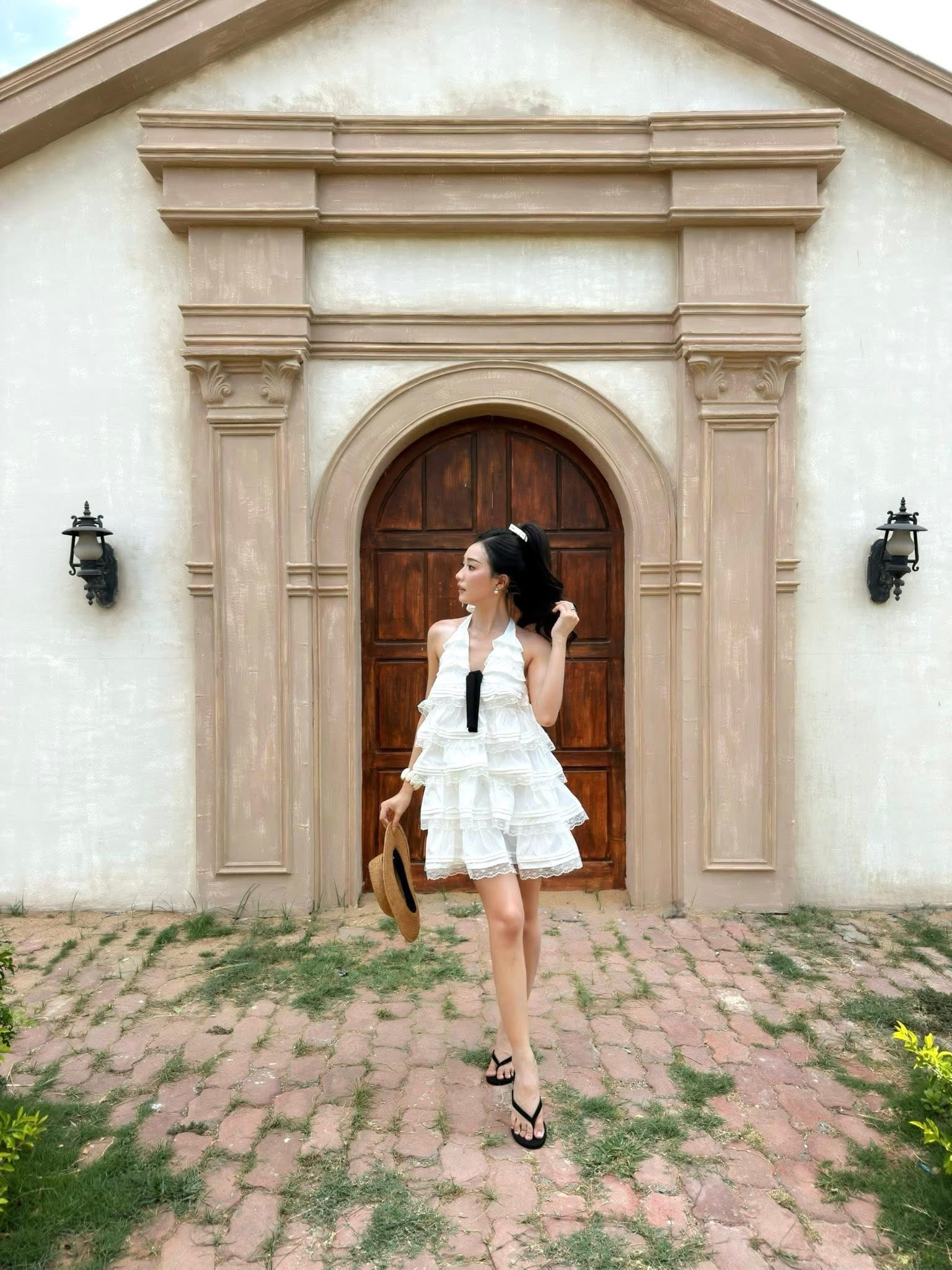 Olv White Cotton Halter Tiered Mini Dress - Ready to dispatch in 48 hours