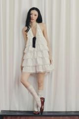 Olv White Cotton Halter Tiered Mini Dress - Ready to dispatch in 48 hours