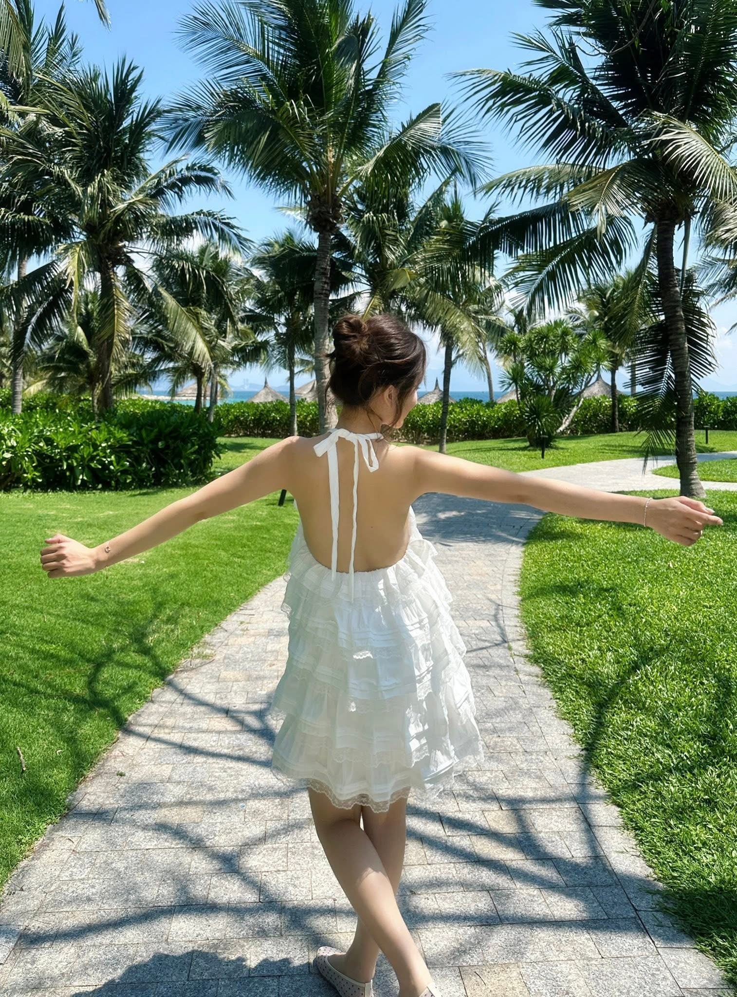 Olv White Cotton Halter Tiered Mini Dress - Ready to dispatch in 48 hours