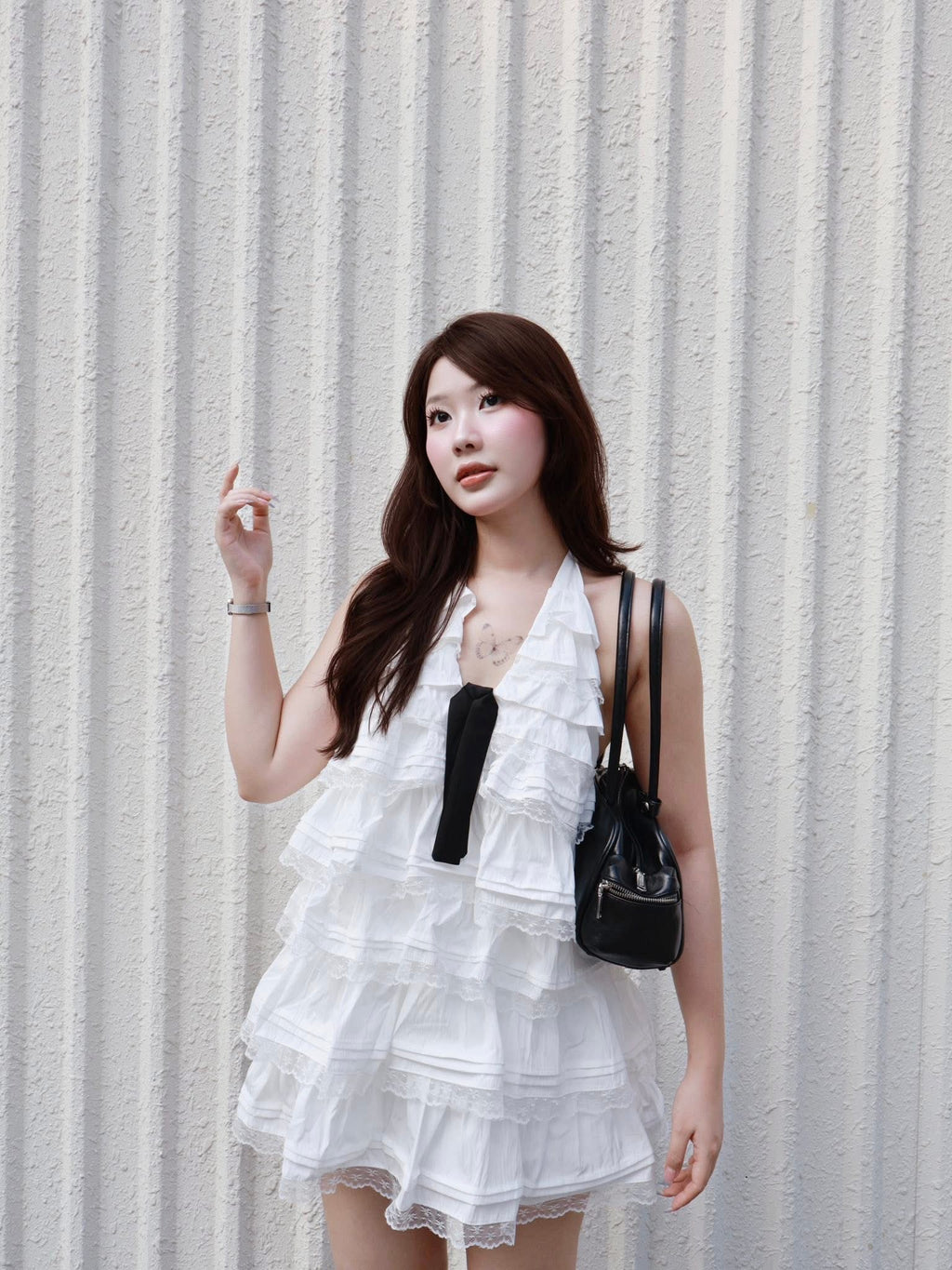 Olv White Cotton Halter Tiered Mini Dress - Ready to dispatch in 48 hours