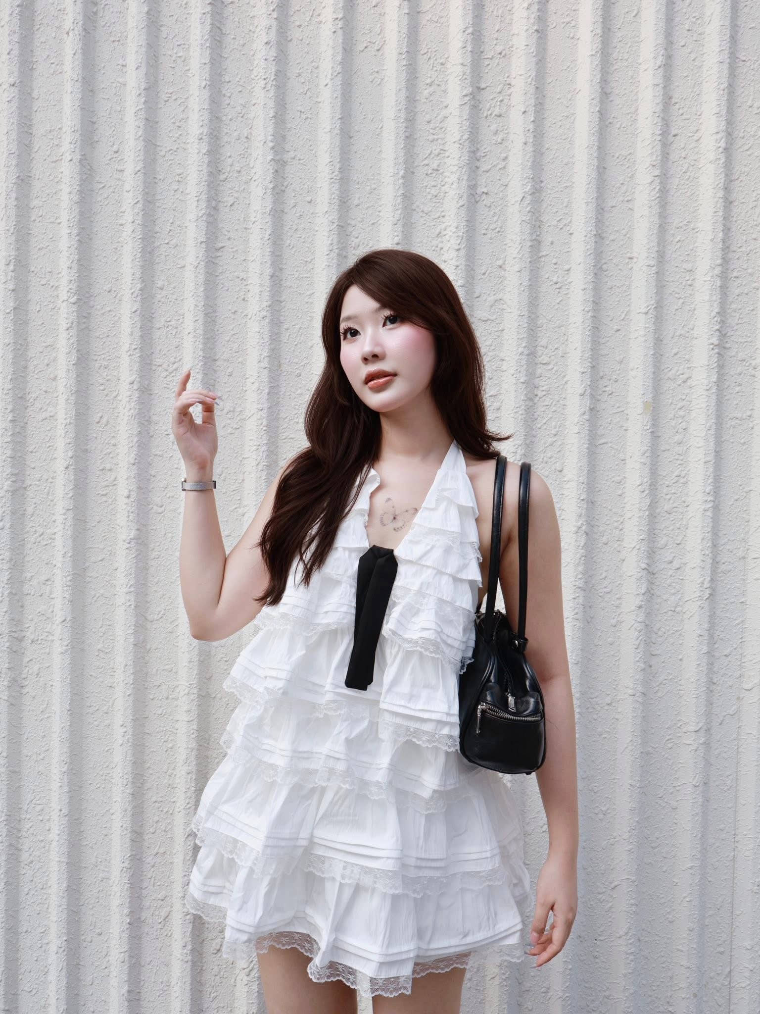 Olv White Cotton Halter Tiered Mini Dress - Ready to dispatch in 48 hours