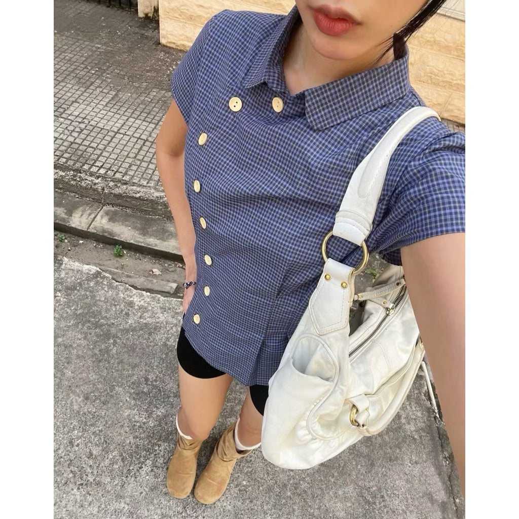 JanetStudio Blue Asymmetric Plaid Top