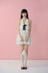 Olv White Cotton Halter Tiered Mini Dress - Ready to dispatch in 48 hours